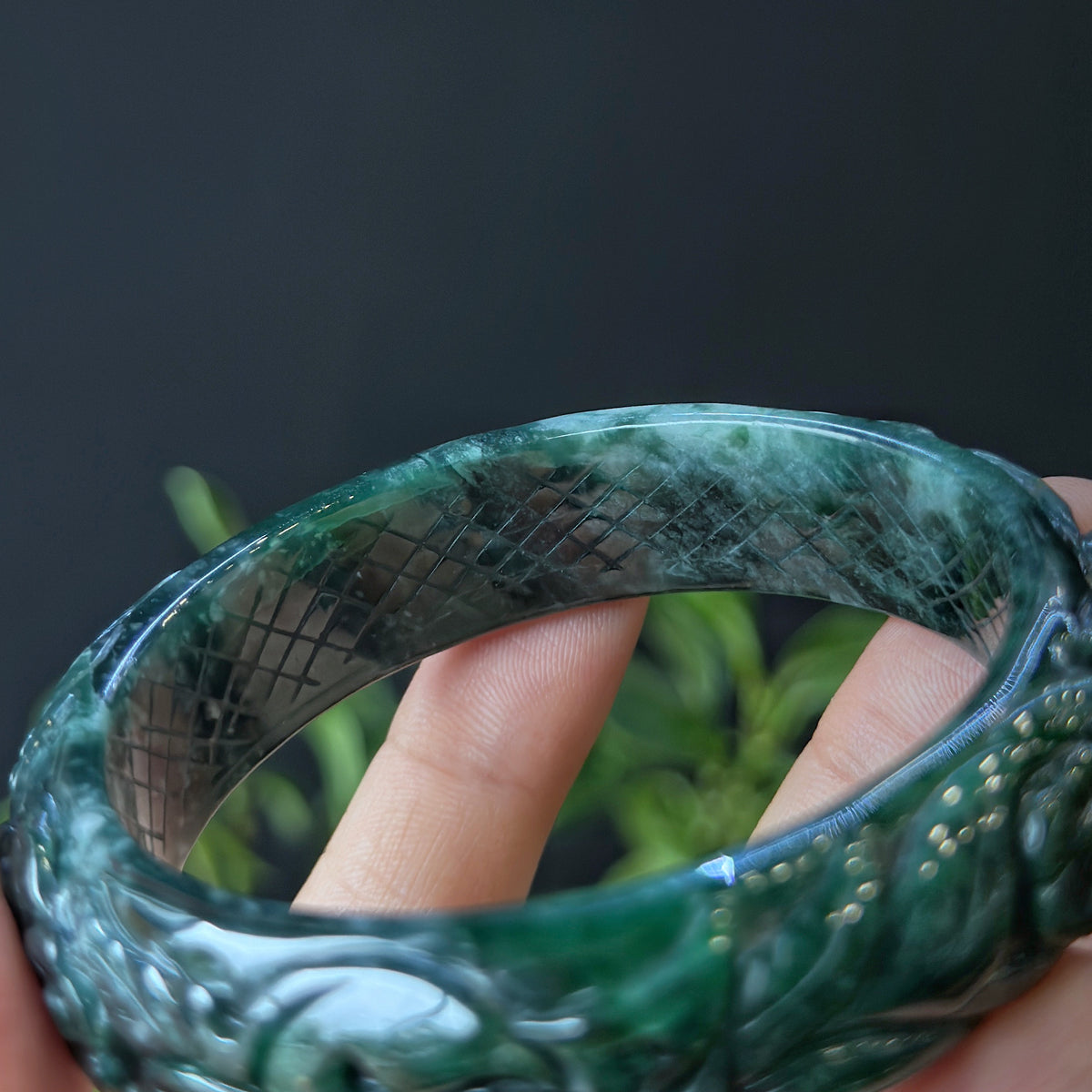 Natural Water Green Floating Flower Carving Jadeite Jade Banlge Leaf Style Size 56 mm