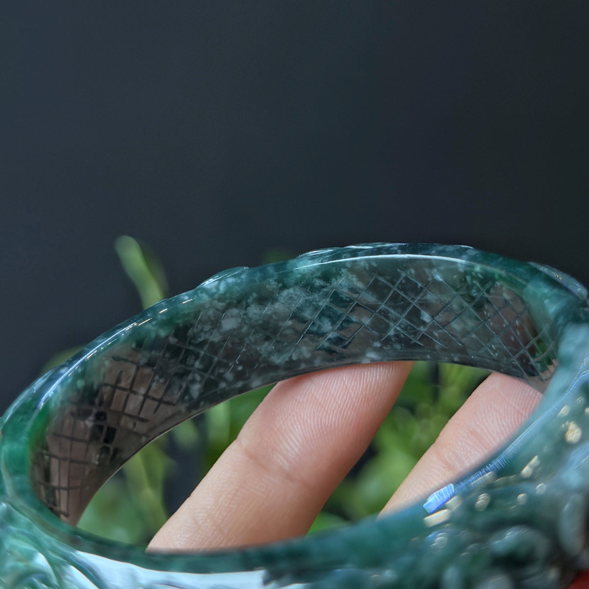 Natural Water Green Floating Flower Carving Jadeite Jade Banlge Leaf Style Size 56 mm