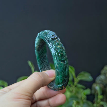 Natural Water Green Floating Flower Carving Jadeite Jade Banlge Leaf Style Size 56 mm