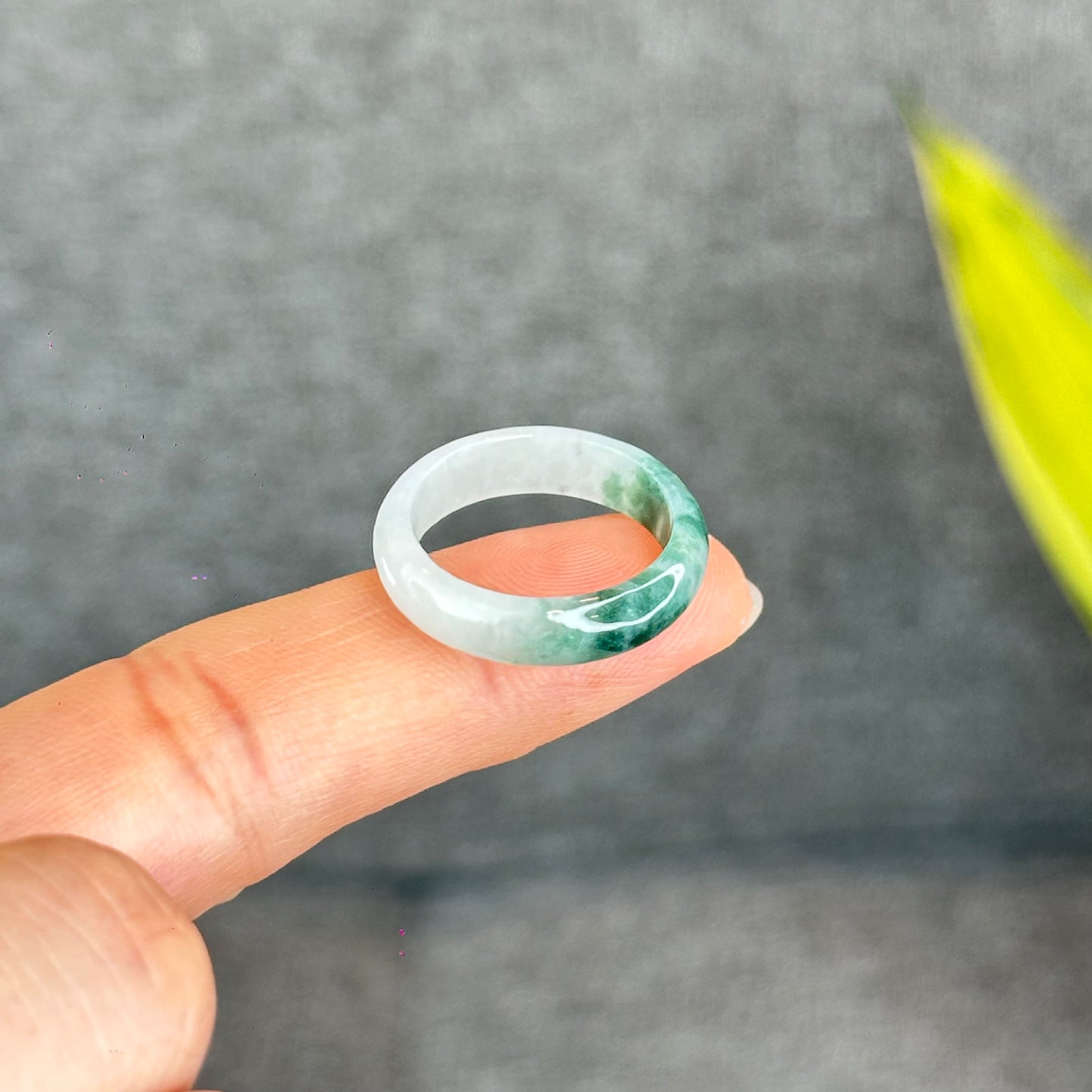 Natural Dark Floating Floral Moss Green Translucent Jadeite Jade Type A Ring Leaf Style Size 1.95