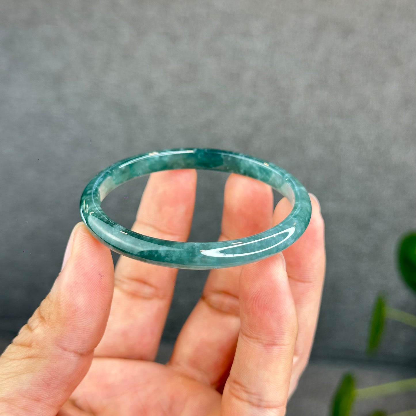 Natural Semi-Translucent Blue Water Jadeite Jade Banlge Leaf Style Size 51.5 mm