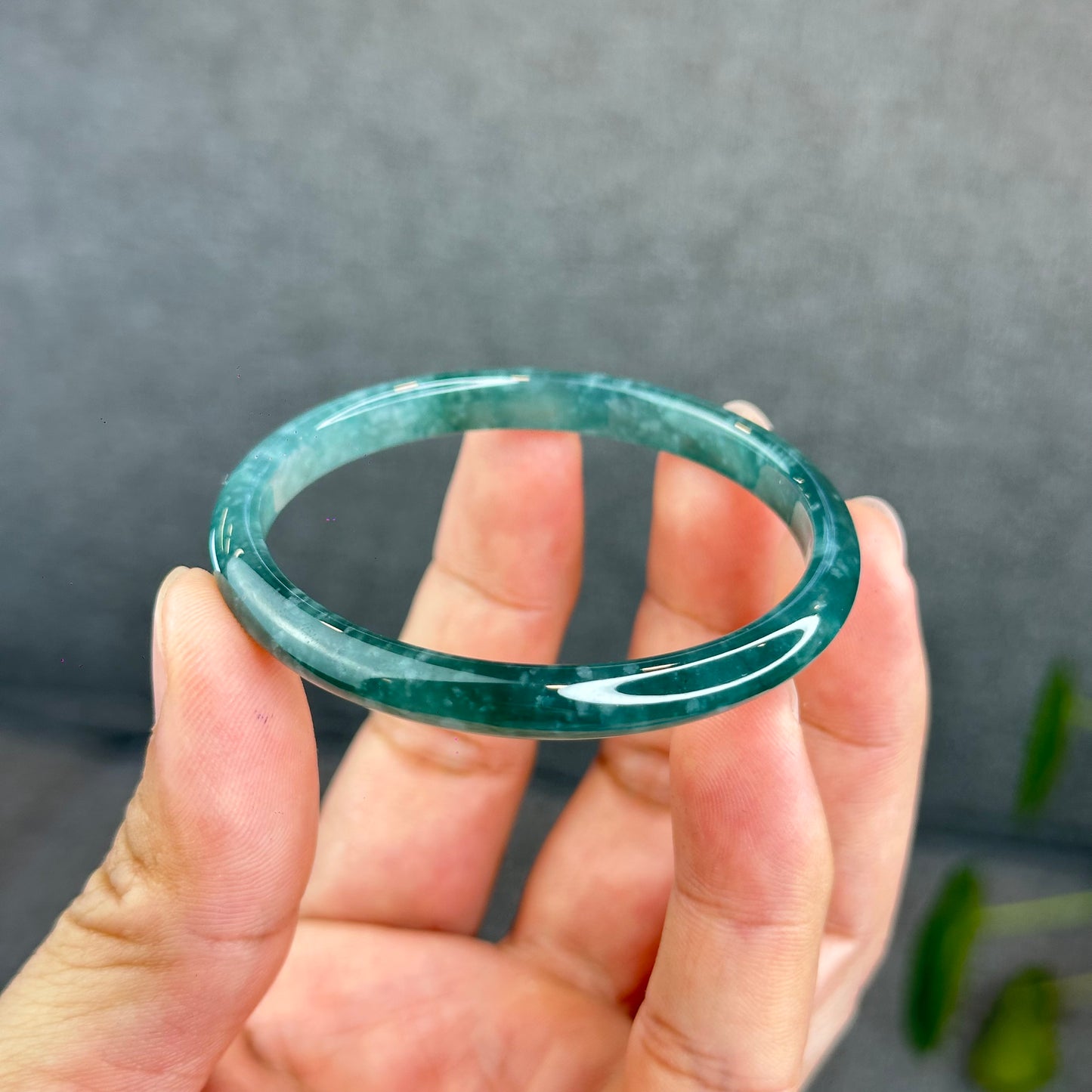 Natural Semi-Translucent Blue Water Jadeite Jade Banlge Leaf Style Size 51.5 mm