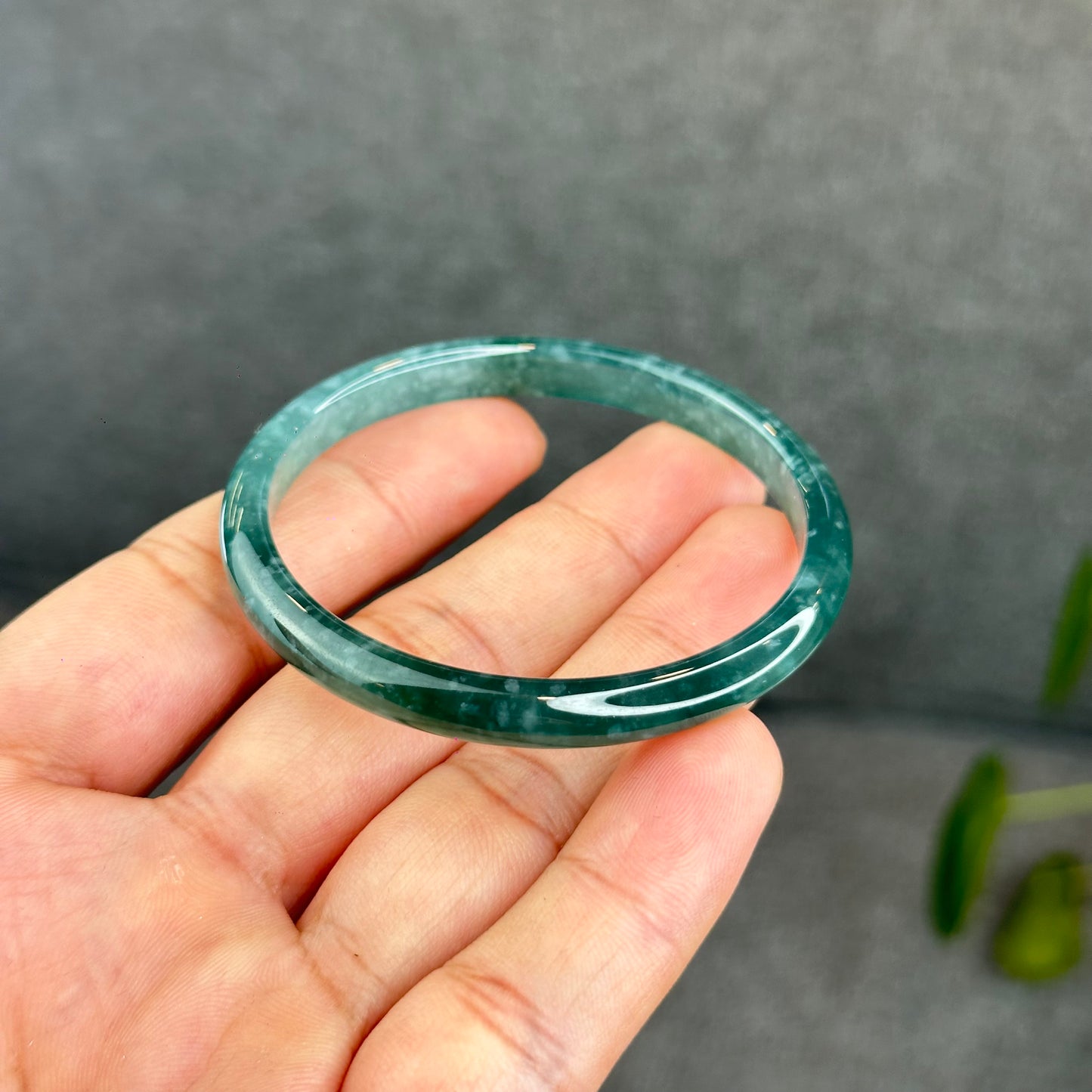 Natural Semi-Translucent Blue Water Jadeite Jade Banlge Leaf Style Size 51.5 mm