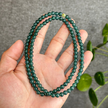 Translucent Dark Water Green Jadeite Jade Triple Wrap Bracelet Size 5.5-6 mm