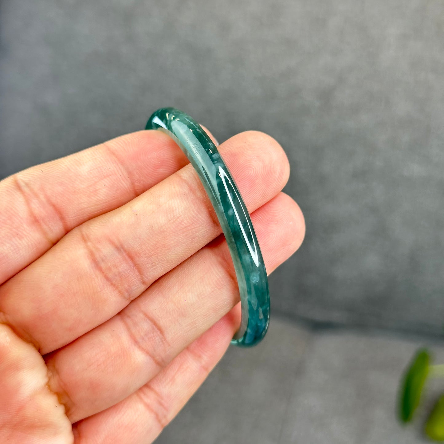 Natural Semi-Translucent Blue Water Jadeite Jade Banlge Leaf Style Size 51.5 mm