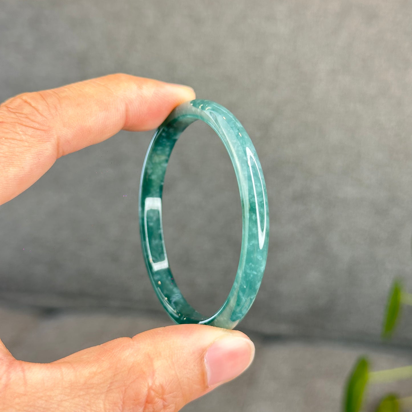 Natural Semi-Translucent Blue Water Jadeite Jade Banlge Leaf Style Size 51.5 mm