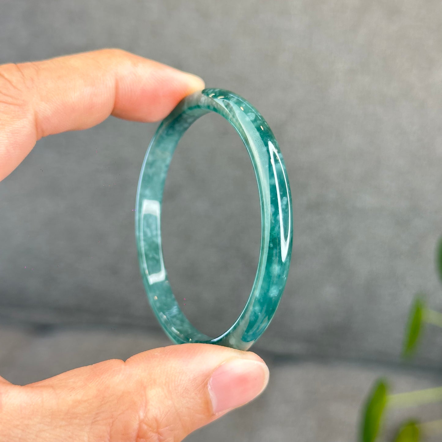 Natural Semi-Translucent Blue Water Jadeite Jade Banlge Leaf Style Size 51.5 mm