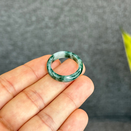 Natural Dark Floating Floral Moss Green Translucent Jadeite Jade Type A Ring Leaf Style Size 1.95