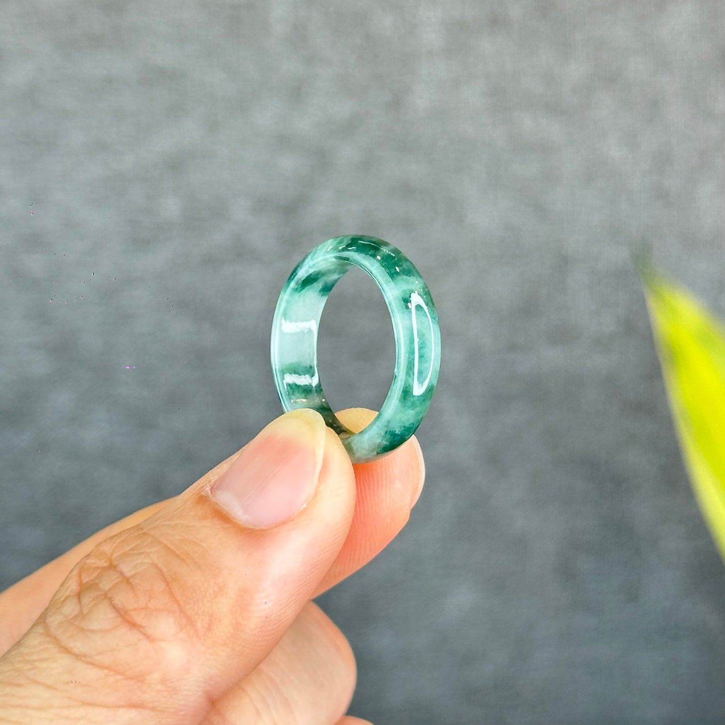 Natural Dark Floating Floral Moss Green Translucent Jadeite Jade Type A Ring Leaf Style Size 1.95