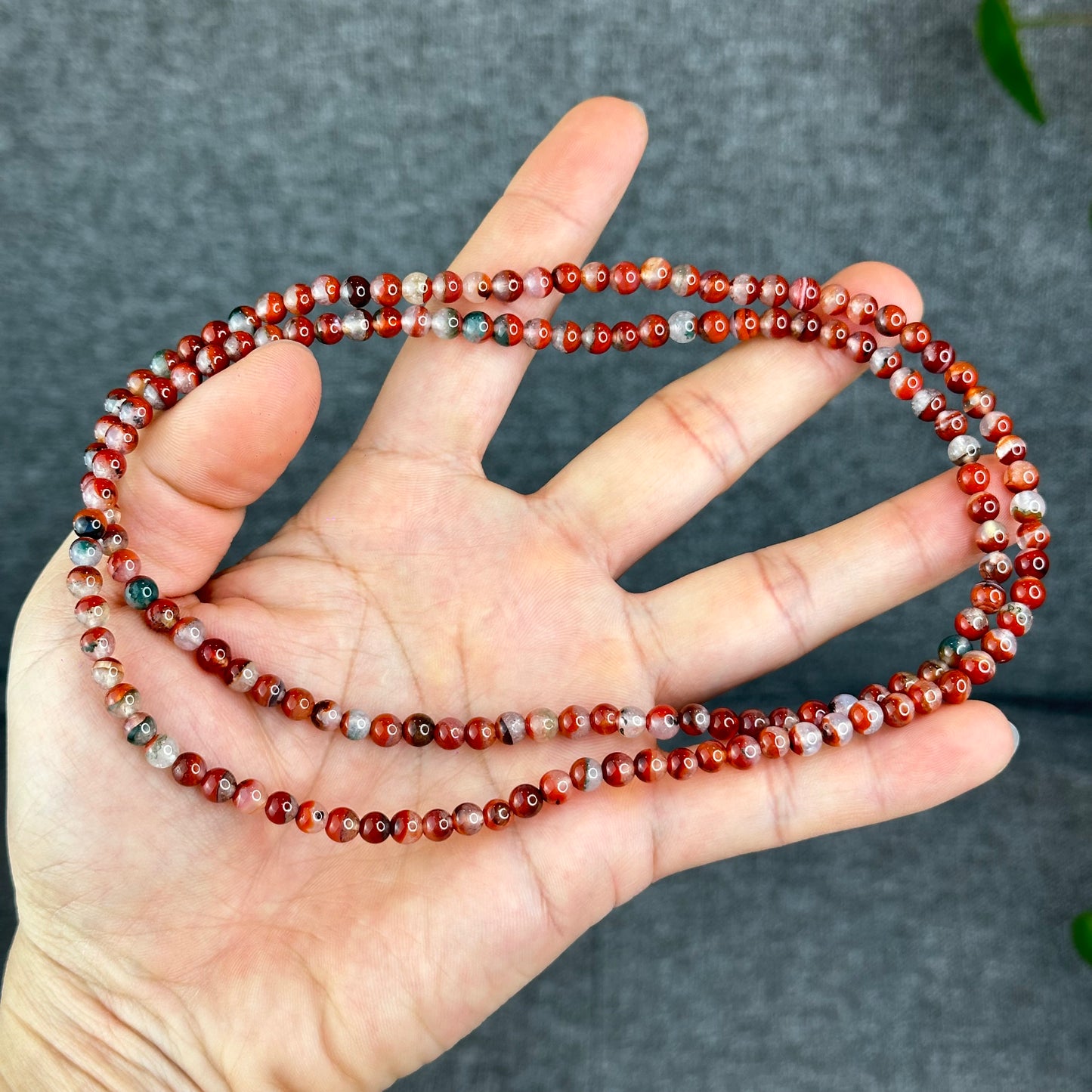 Natural Half Bowl Mixed Moss Green Nan Hong Agate VIP Triple Wrap Bracelet Size 5 mm