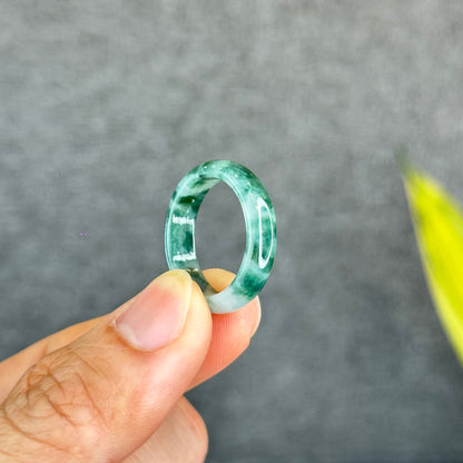 Natural Dark Floating Floral Moss Green Translucent Jadeite Jade Type A Ring Leaf Style Size 1.95