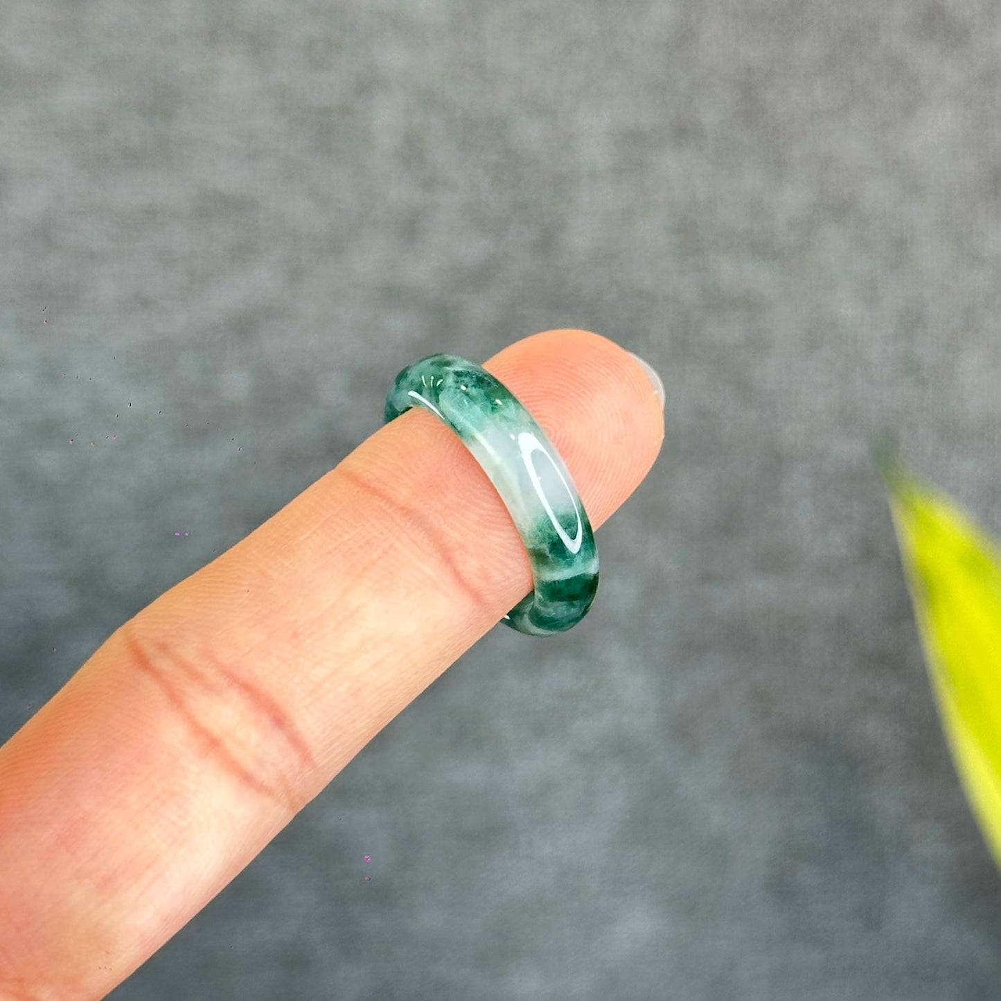 Natural Dark Floating Floral Moss Green Translucent Jadeite Jade Type A Ring Leaf Style Size 1.95