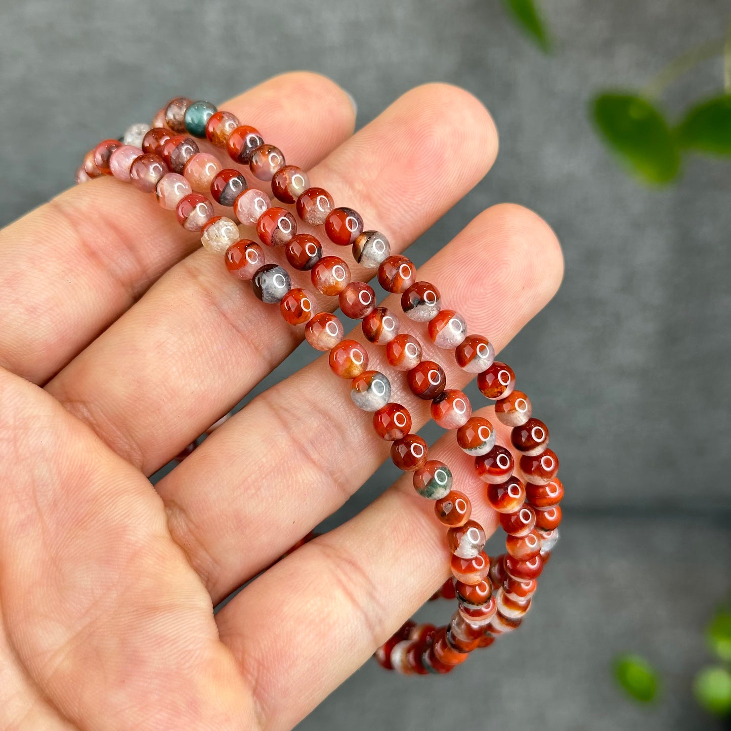 Natural Half Bowl Mixed Moss Green Nan Hong Agate VIP Triple Wrap Bracelet Size 5 mm