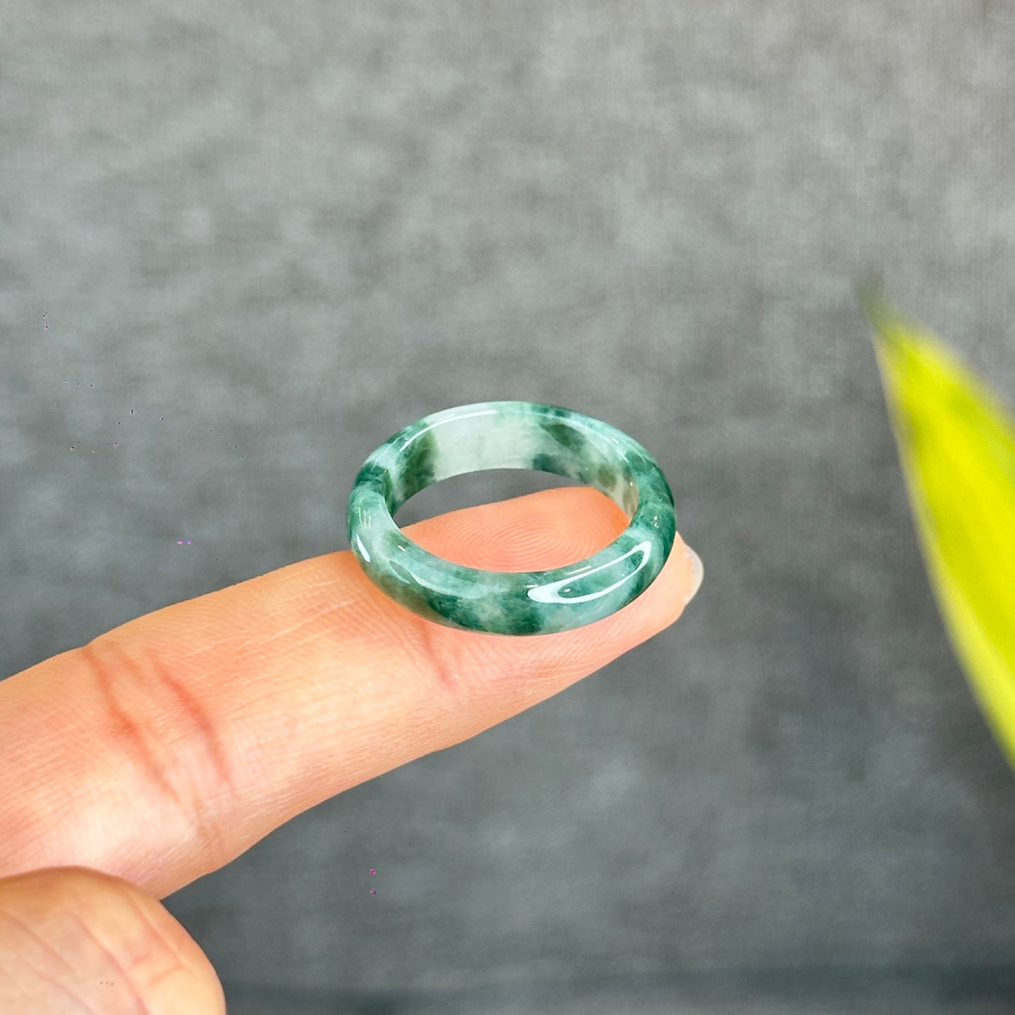 Natural Dark Floating Floral Moss Green Translucent Jadeite Jade Type A Ring Leaf Style Size 1.95