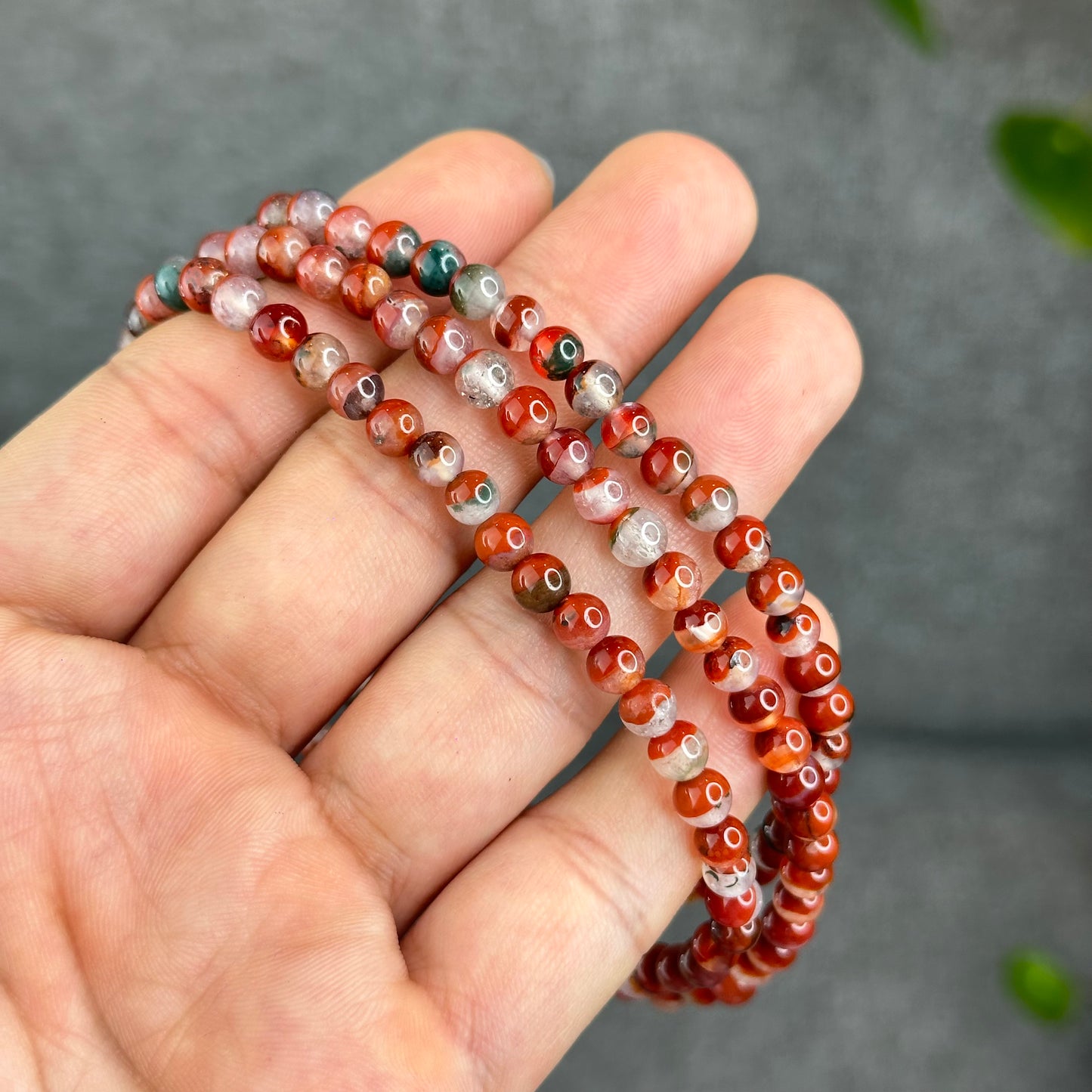 Natural Half Bowl Mixed Moss Green Nan Hong Agate VIP Triple Wrap Bracelet Size 5 mm