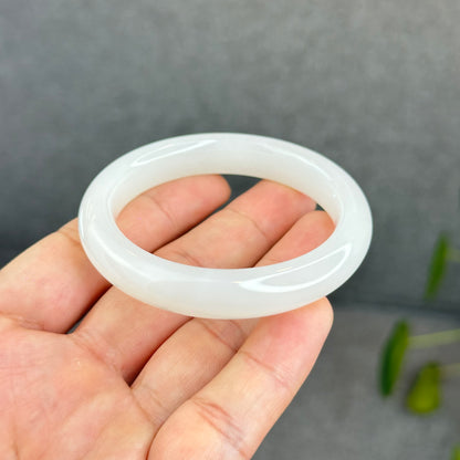 Natural Semi-Translucent White Hetian Nephrite Jade Bangle Leaf Style Size 50.5 mm