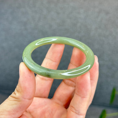 Natural Green Tea Hetian Nephrite Jade Bangle Chopstick Style Size 52 mm
