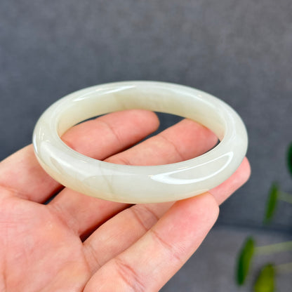 Natural Milky Beige Hetian Nephrite Jade Bangle Leaf Style Size 57.7 mm