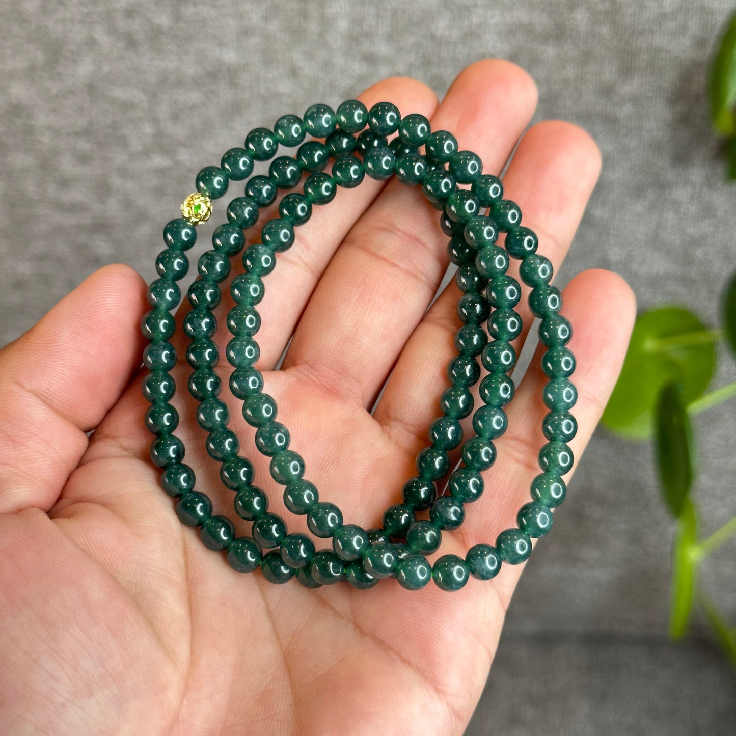 Translucent Dark Water Green Jadeite Jade Triple Wrap Bracelet Size 5.5-6 mm