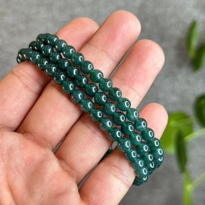 Translucent Dark Water Green Jadeite Jade Triple Wrap Bracelet Size 5.5-6 mm