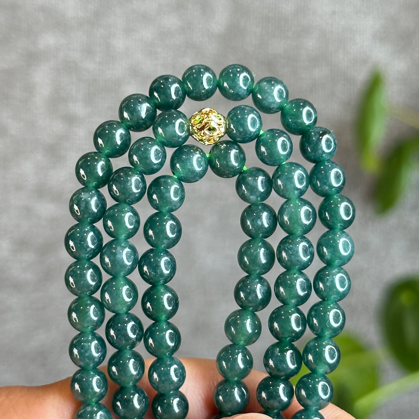 Translucent Dark Water Green Jadeite Jade Triple Wrap Bracelet Size 5.5-6 mm