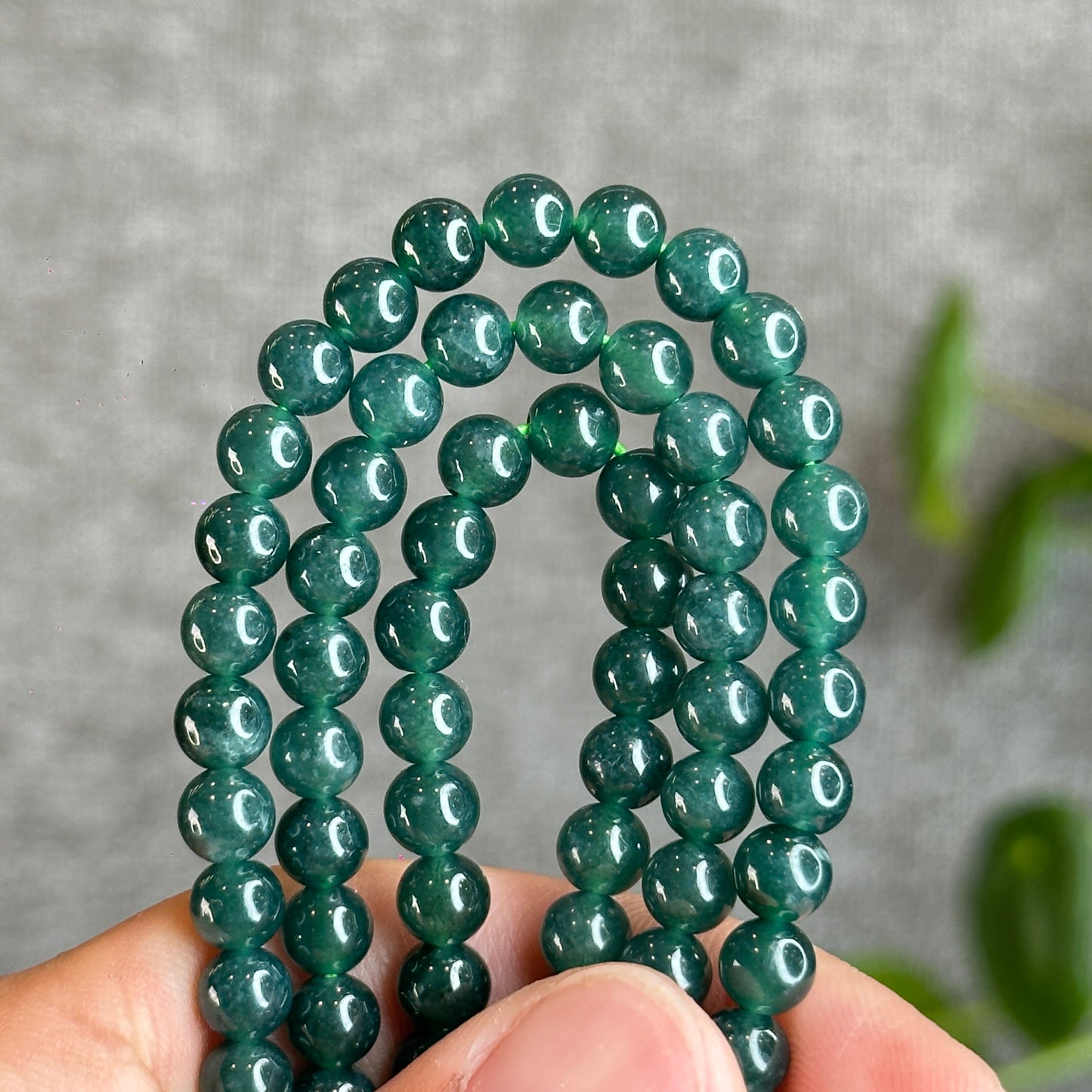 Translucent Dark Water Green Jadeite Jade Triple Wrap Bracelet Size 5.5-6 mm