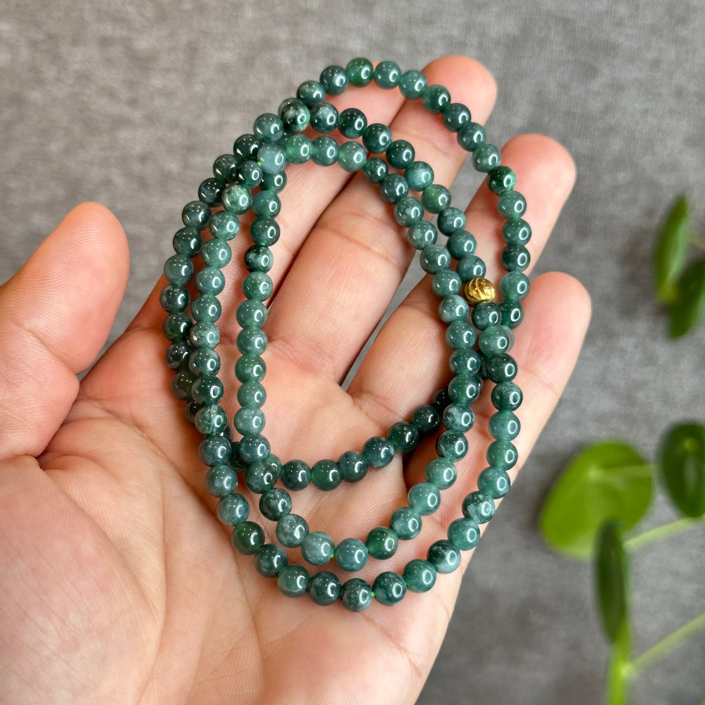 Translucent Dark Water Green Jadeite Jade Triple Wrap Bracelet Size 5.5-6 mm