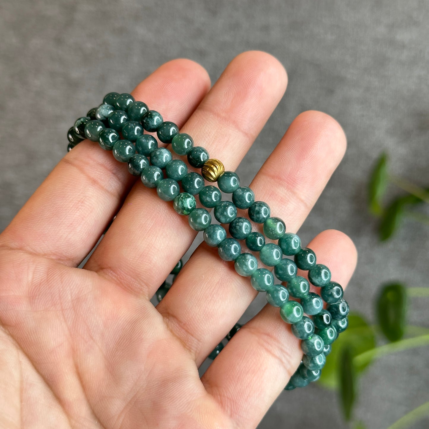 Translucent Dark Water Green Jadeite Jade Triple Wrap Bracelet Size 5.5-6 mm