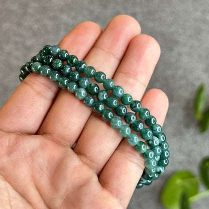 Translucent Dark Water Green Jadeite Jade Triple Wrap Bracelet Size 5.5-6 mm