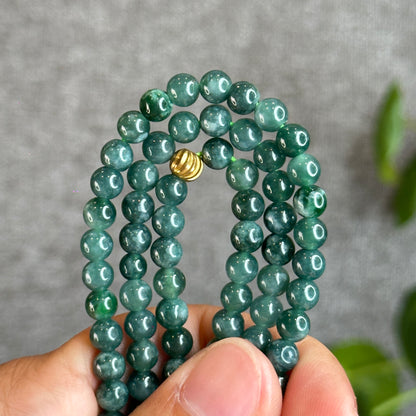 Translucent Dark Water Green Natural Jadeite Jade Triple Wrap Bracelet Size 5.5-6 mm