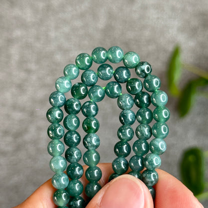 Translucent Dark Water Green Jadeite Jade Triple Wrap Bracelet Size 5.5-6 mm