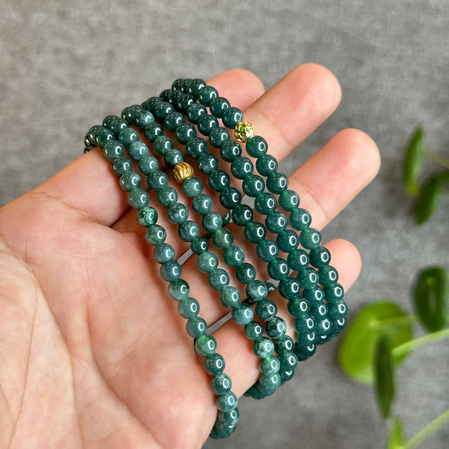 Translucent Dark Water Green Natural Jadeite Jade Triple Wrap Bracelet Size 5.5-6 mm