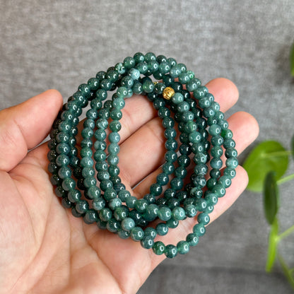 Translucent Dark Water Green Natural Jadeite Jade Triple Wrap Bracelet Size 5.5-6 mm