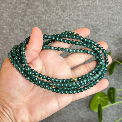 Translucent Dark Water Green Natural Jadeite Jade Triple Wrap Bracelet Size 5.5-6 mm