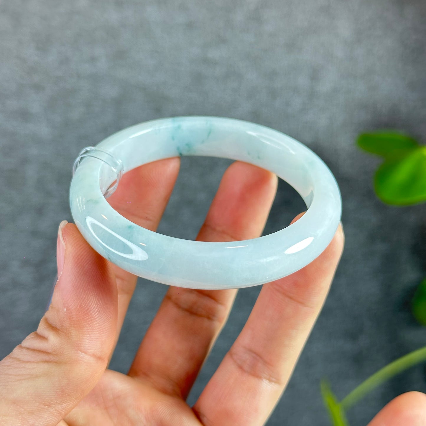 Ivory White Floral Green Jadeite Jade Bangle Leaf Style Size 53.5 mm