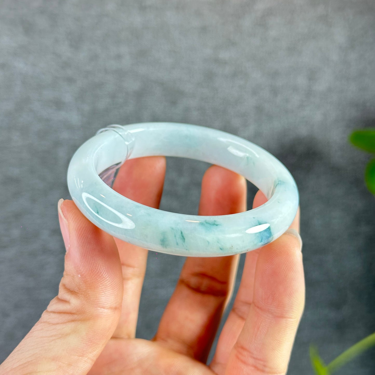 Ivory White Floral Green Jadeite Jade Bangle Leaf Style Size 53.5 mm