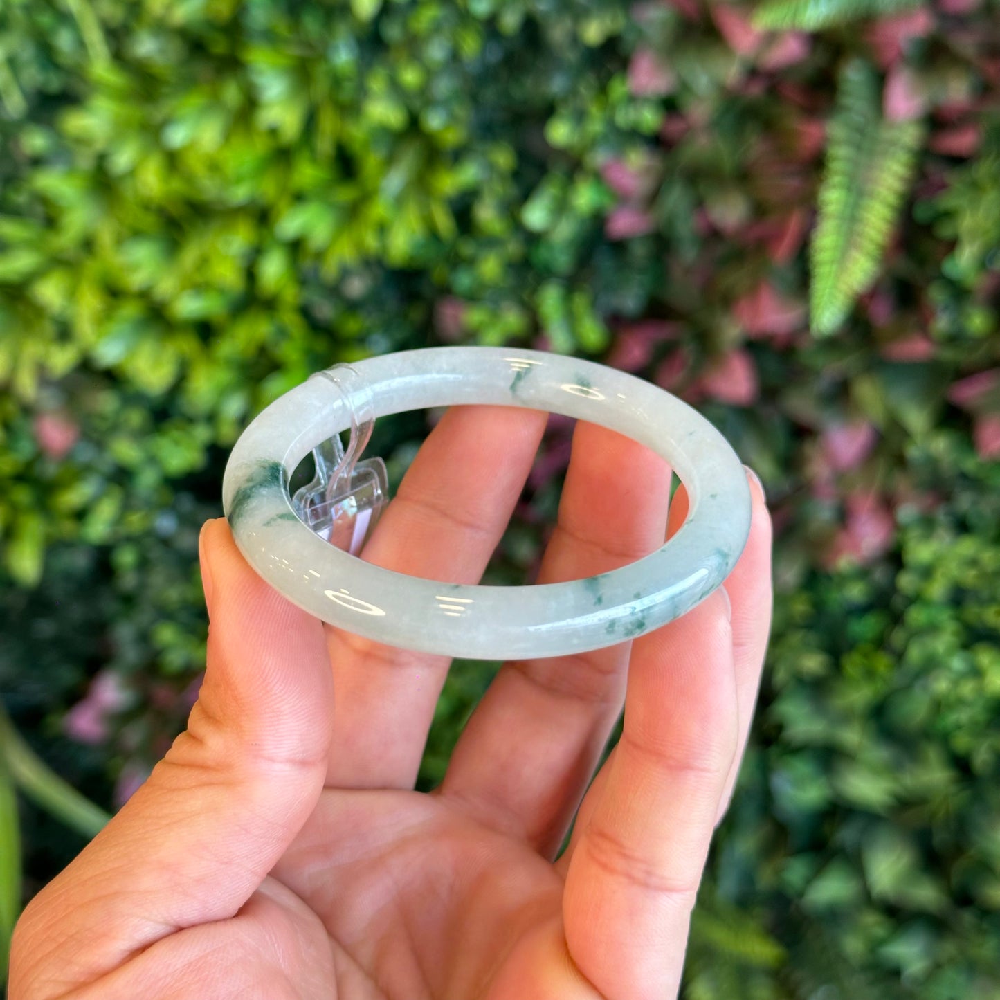 Natural Floating Floral Moss Green Semi Translucent Jadeite Jade VIP Bangle Chopstick Style Size 53 mm