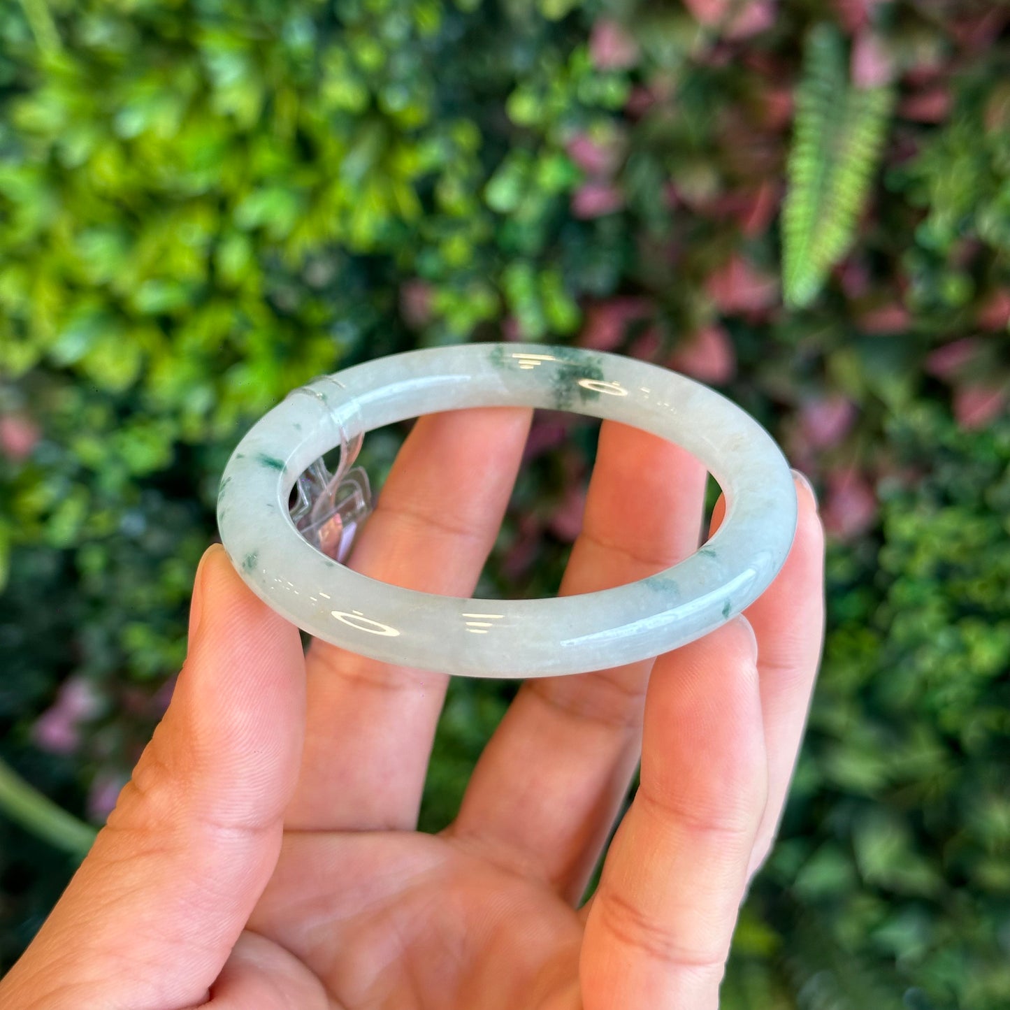 Natural Floating Floral Moss Green Semi Translucent Jadeite Jade VIP Bangle Chopstick Style Size 53 mm