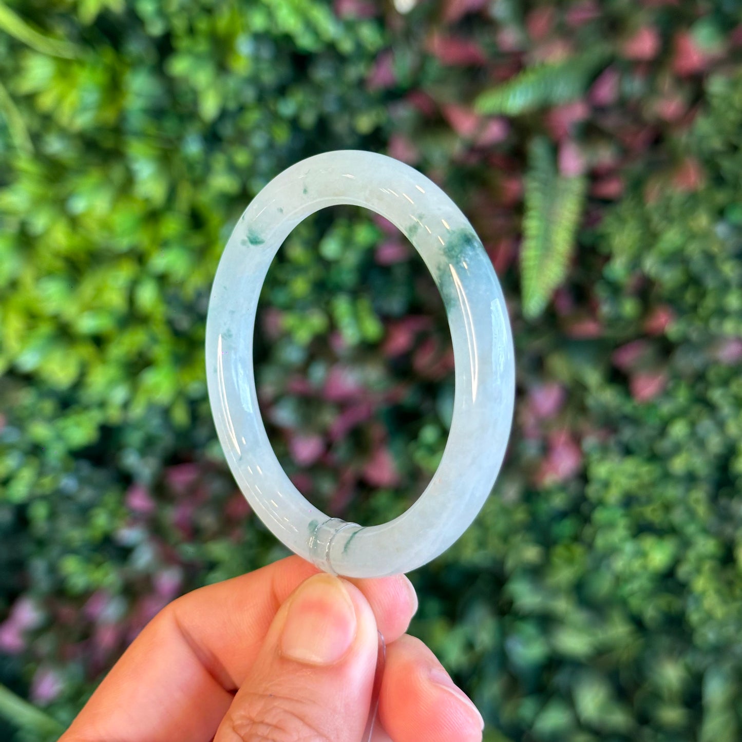 Natural Floating Floral Moss Green Semi Translucent Jadeite Jade VIP Bangle Chopstick Style Size 53 mm