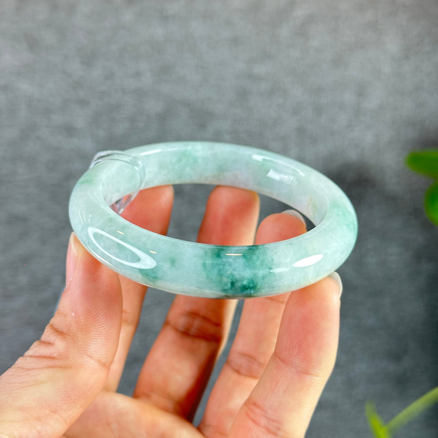 Natural Floral Moss Green with a Touch of Bright Green Natural Jadeite Jade Bangle Leaf Style Size 56.2 mm