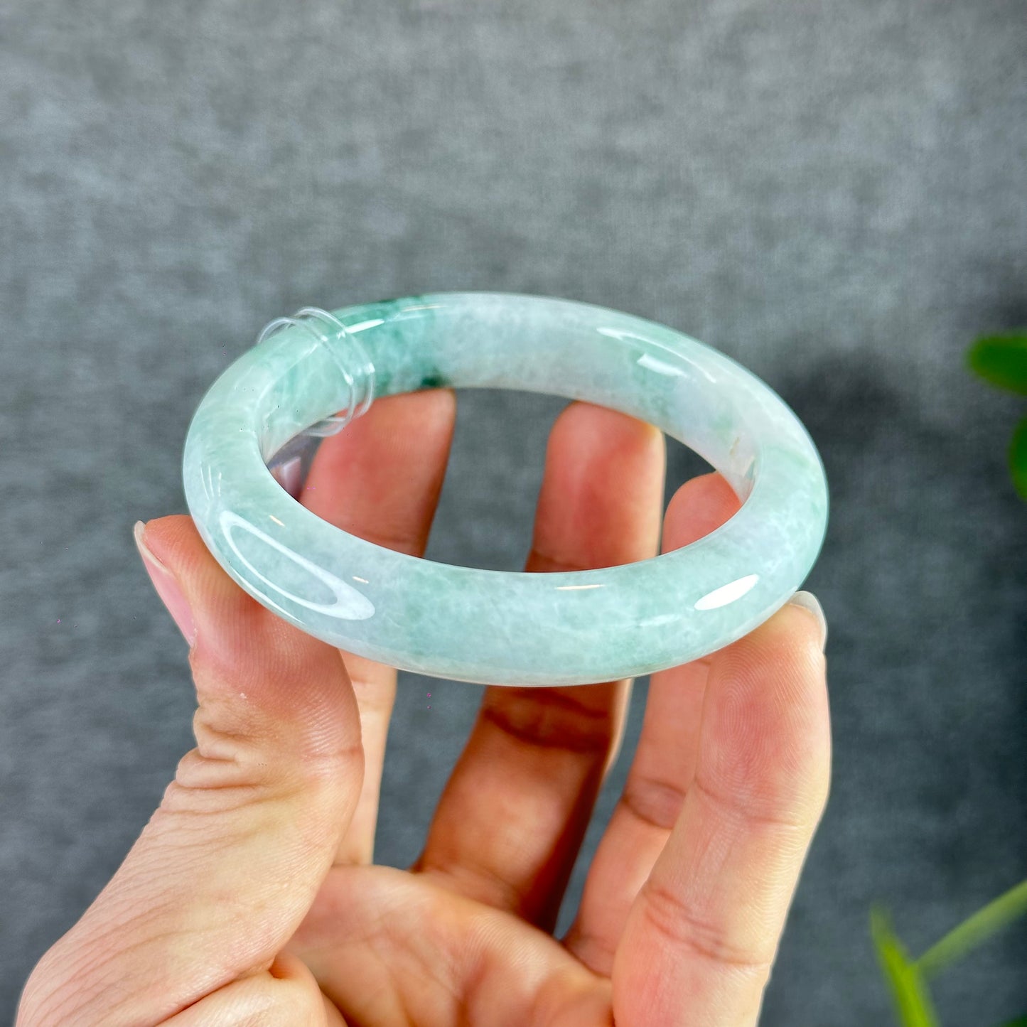 Natural Floral Moss Green with a Touch of Bright Green Natural Jadeite Jade Bangle Leaf Style Size 56.2 mm