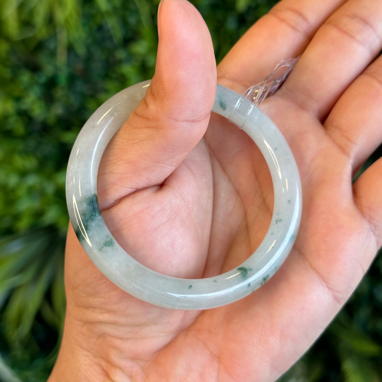 Natural Floating Floral Moss Green Semi Translucent Jadeite Jade VIP Bangle Chopstick Style Size 53 mm