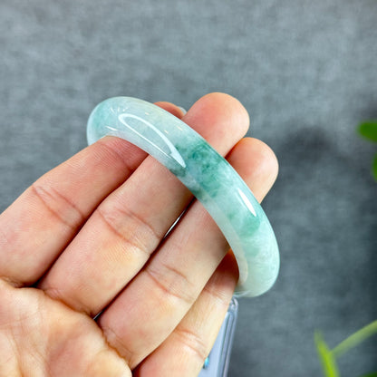 Natural Floral Moss Green with a Touch of Bright Green Natural Jadeite Jade Bangle Leaf Style Size 56.2 mm