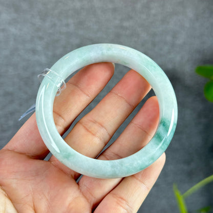 Natural Floral Moss Green with a Touch of Bright Green Natural Jadeite Jade Bangle Leaf Style Size 56.2 mm