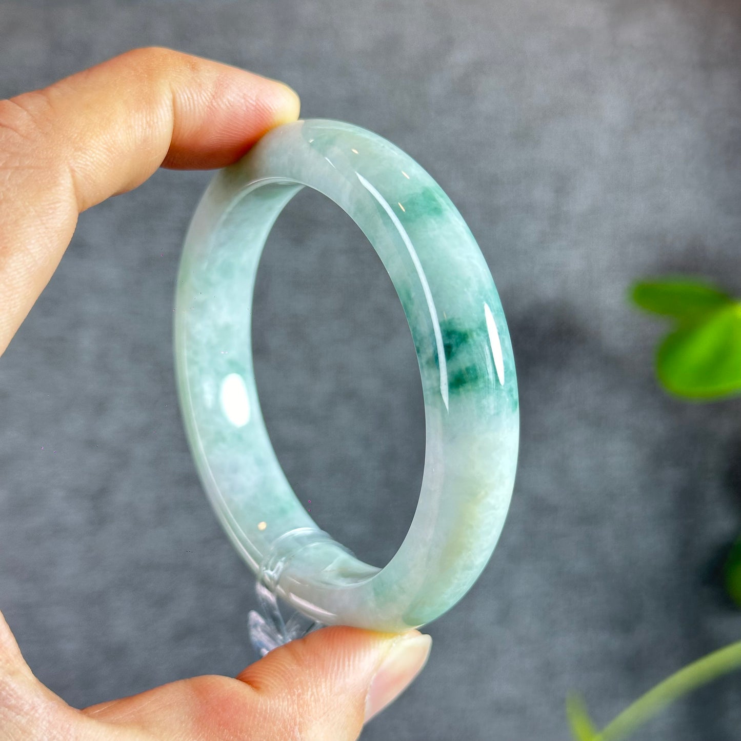 Natural Floral Moss Green with a Touch of Bright Green Natural Jadeite Jade Bangle Leaf Style Size 56.2 mm