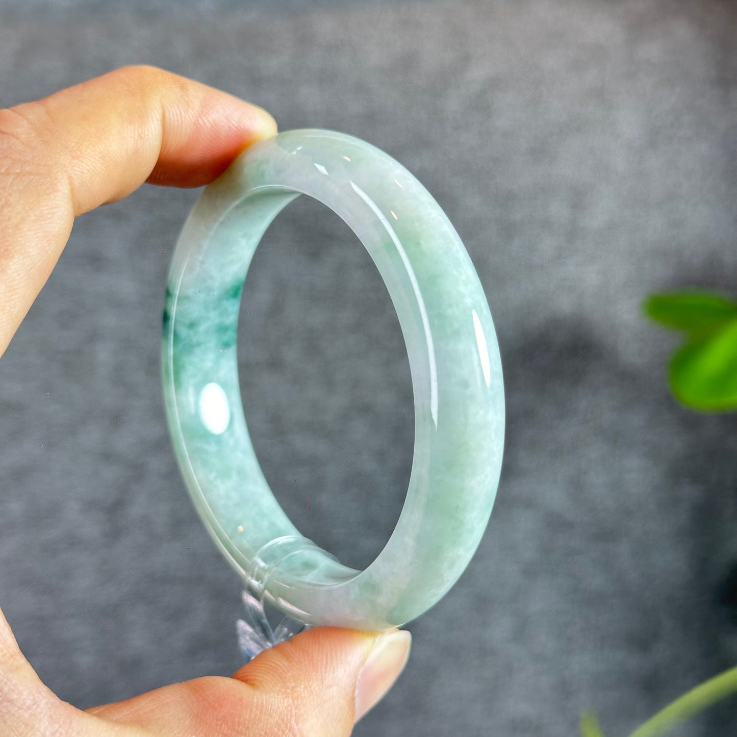 Natural Floral Moss Green with a Touch of Bright Green Natural Jadeite Jade Bangle Leaf Style Size 56.2 mm