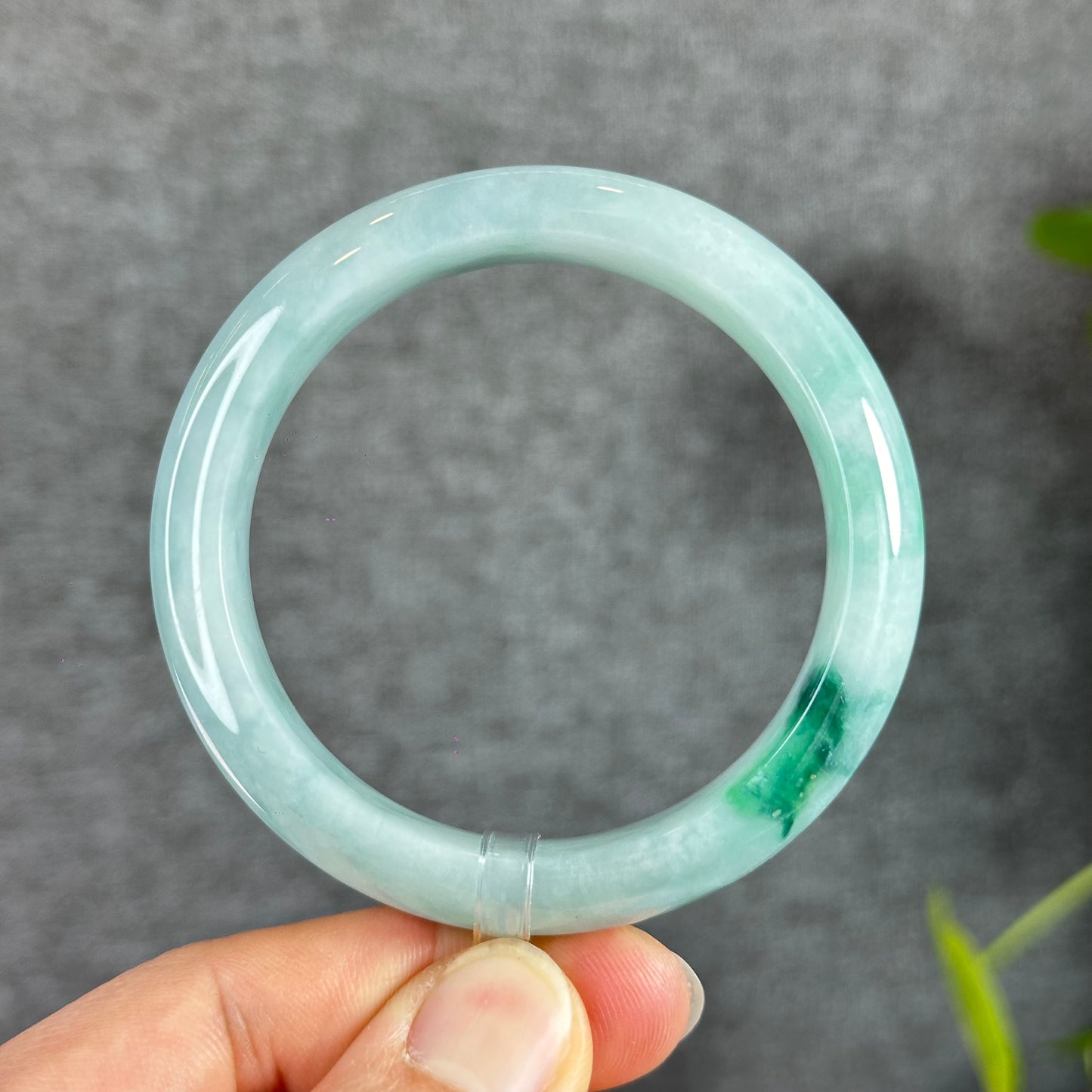 Natural Floral Moss Green with a Touch of Bright Green Natural Jadeite Jade Bangle Leaf Style Size 54.7 mm