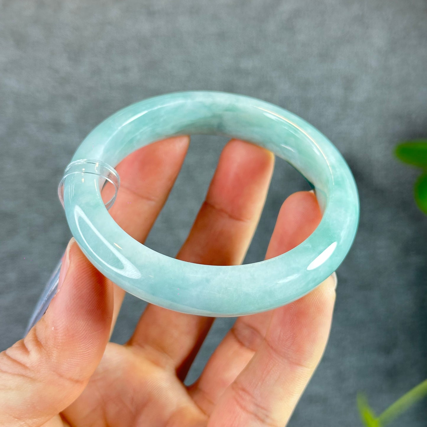 Natural Floral Moss Green with a Touch of Bright Green Natural Jadeite Jade Bangle Leaf Style Size 54.7 mm