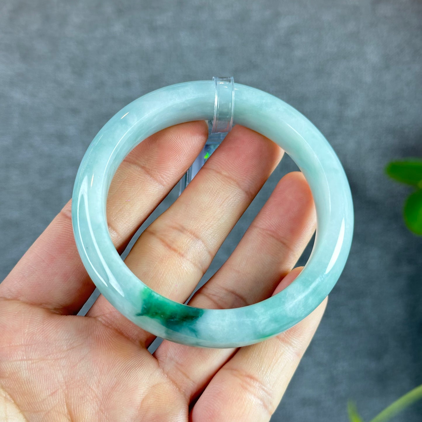 Natural Floral Moss Green with a Touch of Bright Green Natural Jadeite Jade Bangle Leaf Style Size 54.7 mm