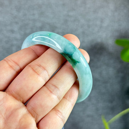 Natural Floral Moss Green with a Touch of Bright Green Natural Jadeite Jade Bangle Leaf Style Size 54.7 mm